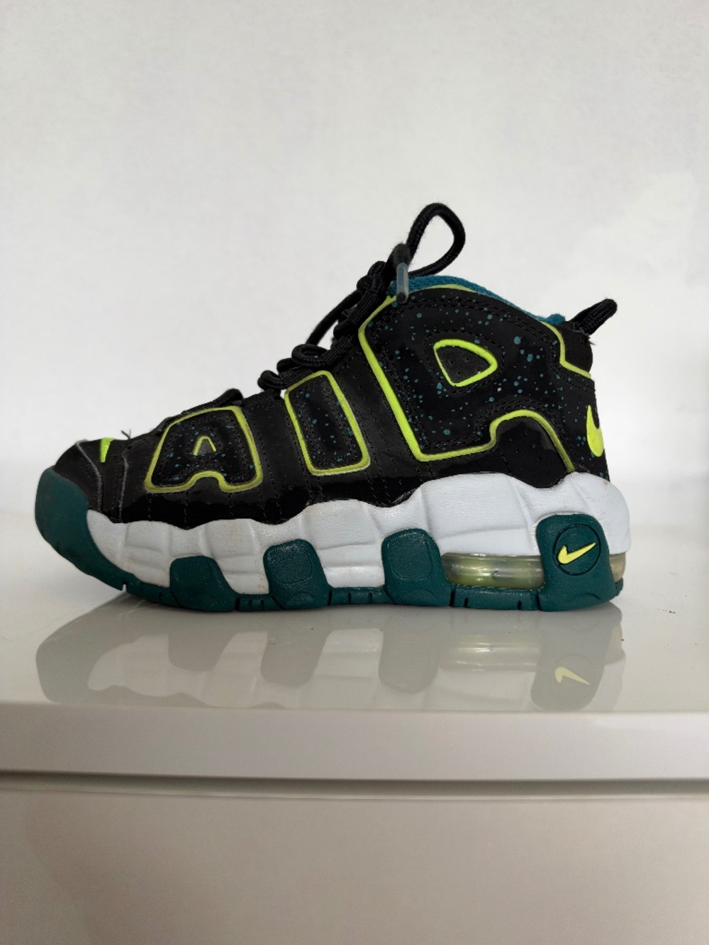 Nike Air More Uptempo Youth Sneakers – Black/Teal/Volt – Size 1Y
